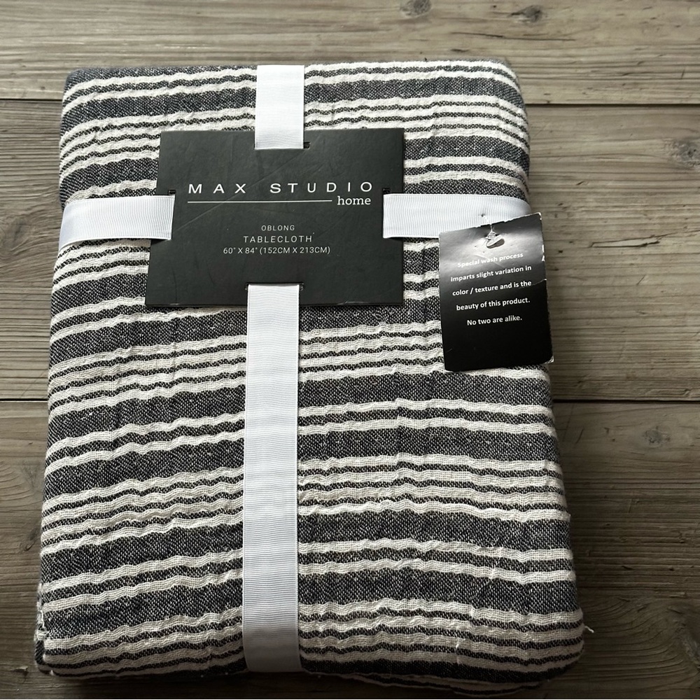 Max Studio Home Gray  and White Striped Tablecloth 60x84 Oblong New